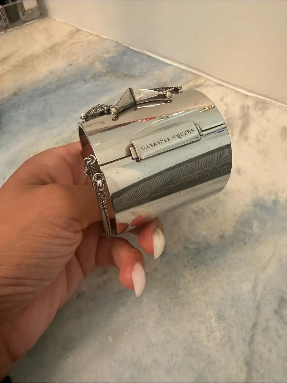 Alexander McQueen Silver Starburst Crystal Wide Cuff Bracelet